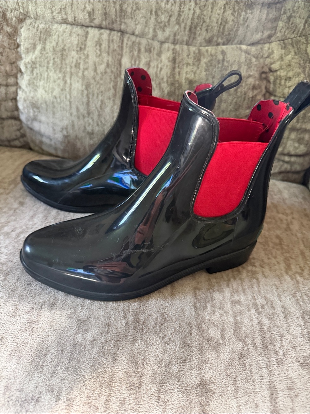 Ralph Lauren Black Patent Rain Boots with Green & Gold Logo Trim